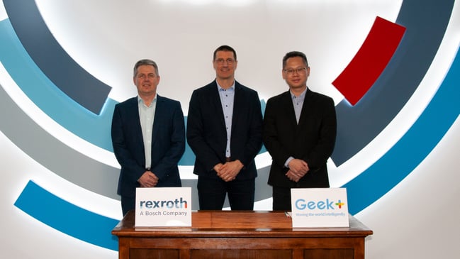 Geek+& Bosch Rexroth  Joerg Heckel (PD Intralogistics Robotics at Bosch Rexroth), Thomas Fechner (SVP Product Area New Business at Bosch Rexroth) and Jackson Zhang (VP Europe Geek+)